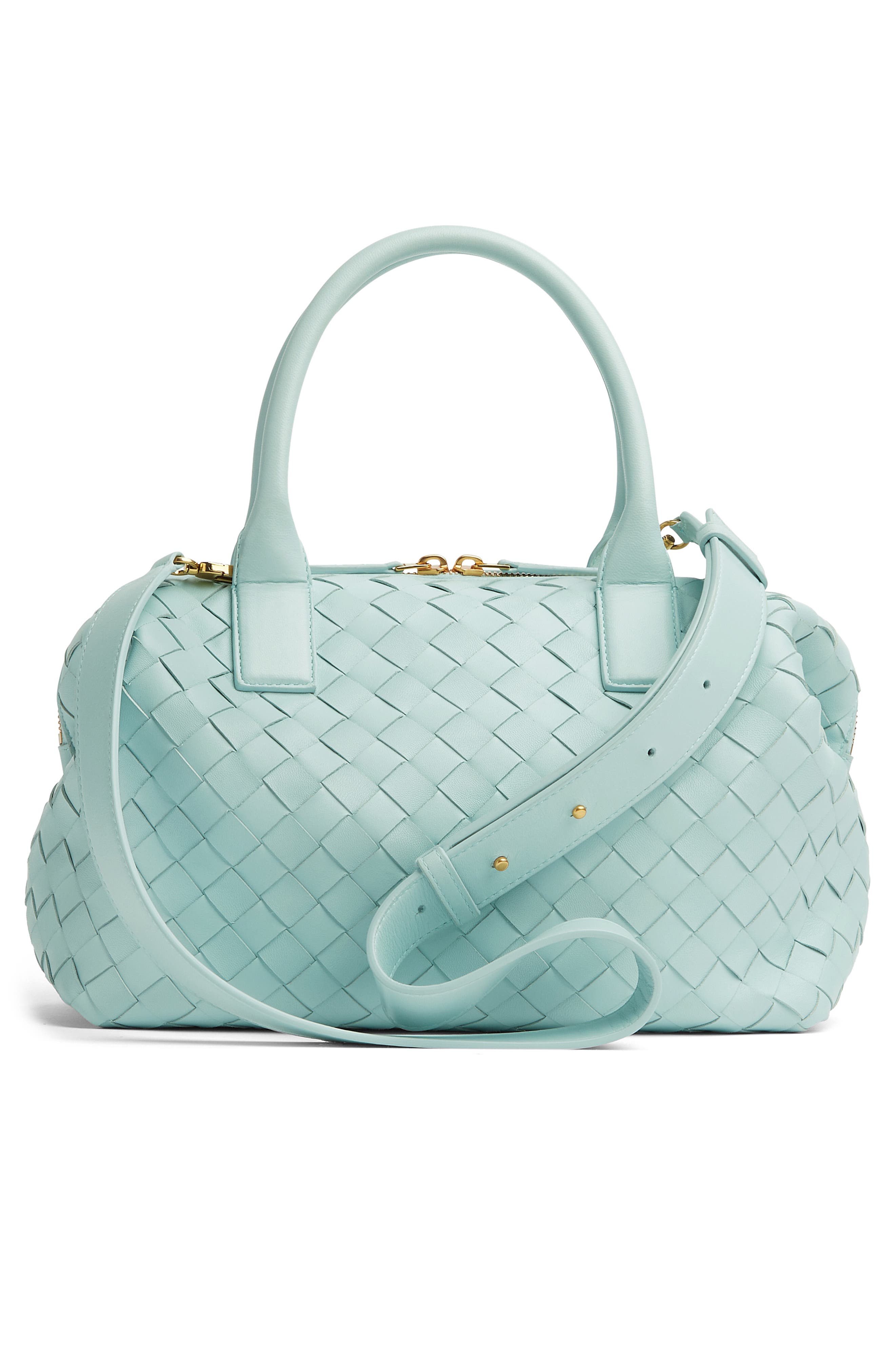 Bottega Veneta Medium Bauletto Intreciatto Leather Satchel, Alternate, color, 3943 Teal Washed-M Brass