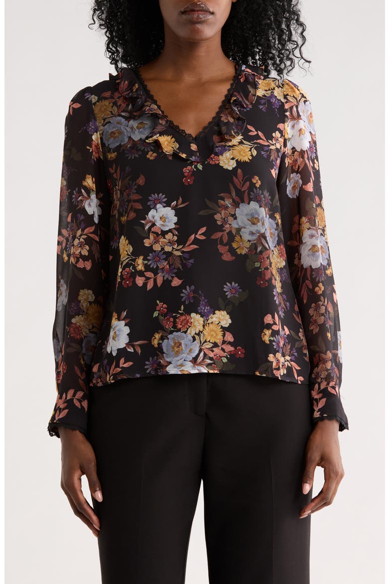 Ruffle Lace Trim Top, Main, color, RICH BLACK