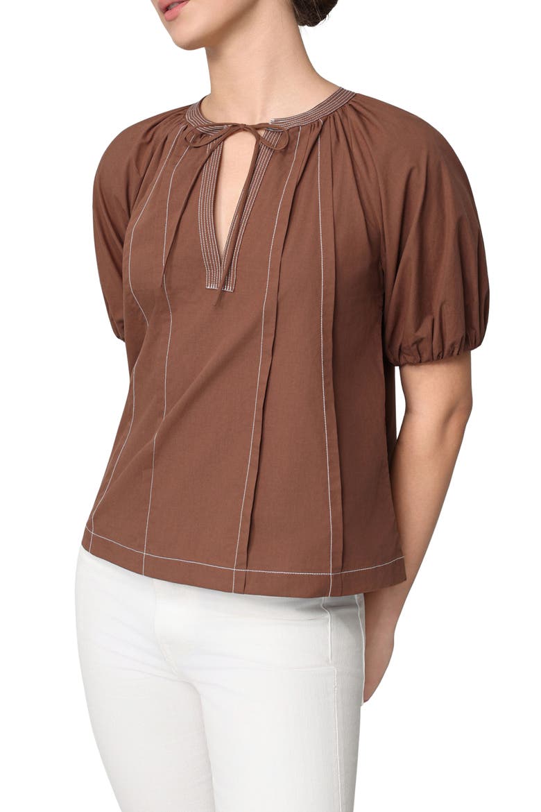 Contrast Stitch Puff Sleeve Top, Alternate, color, BROWN
