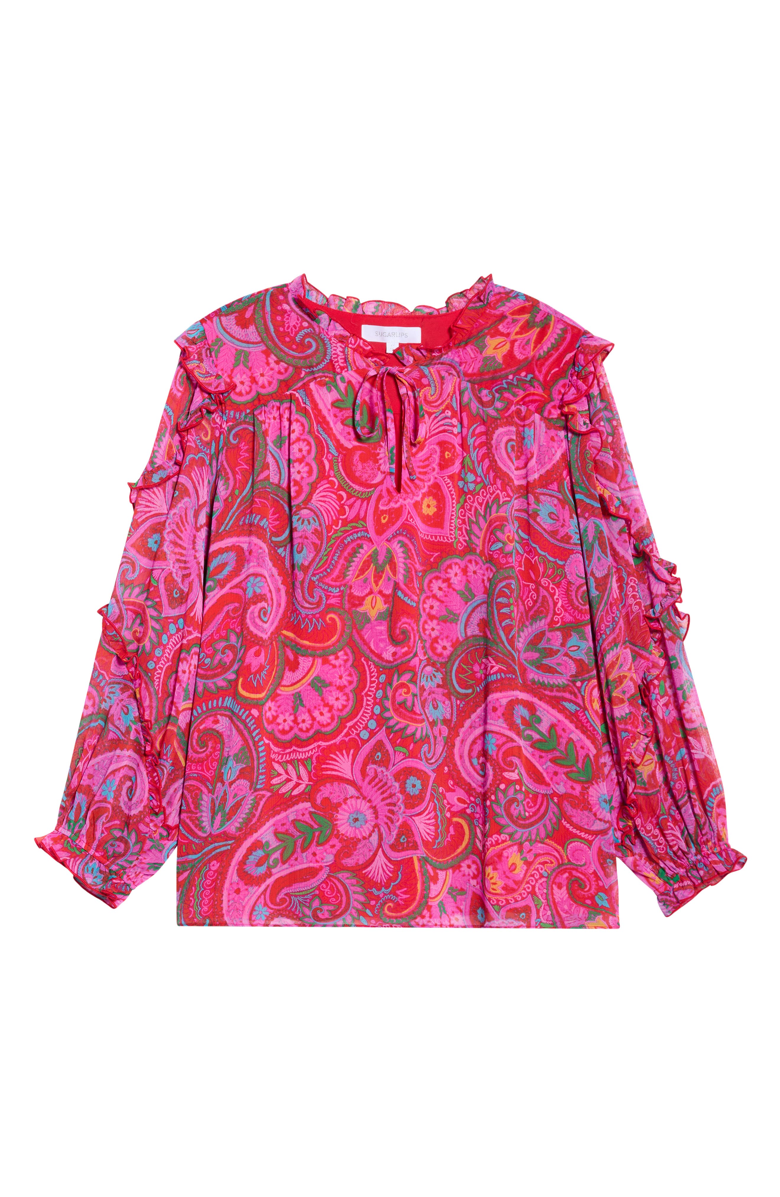 SUGARLIPS Anais Floral Ruffle Balloon Sleeve Top in Fuchsia-Mult 