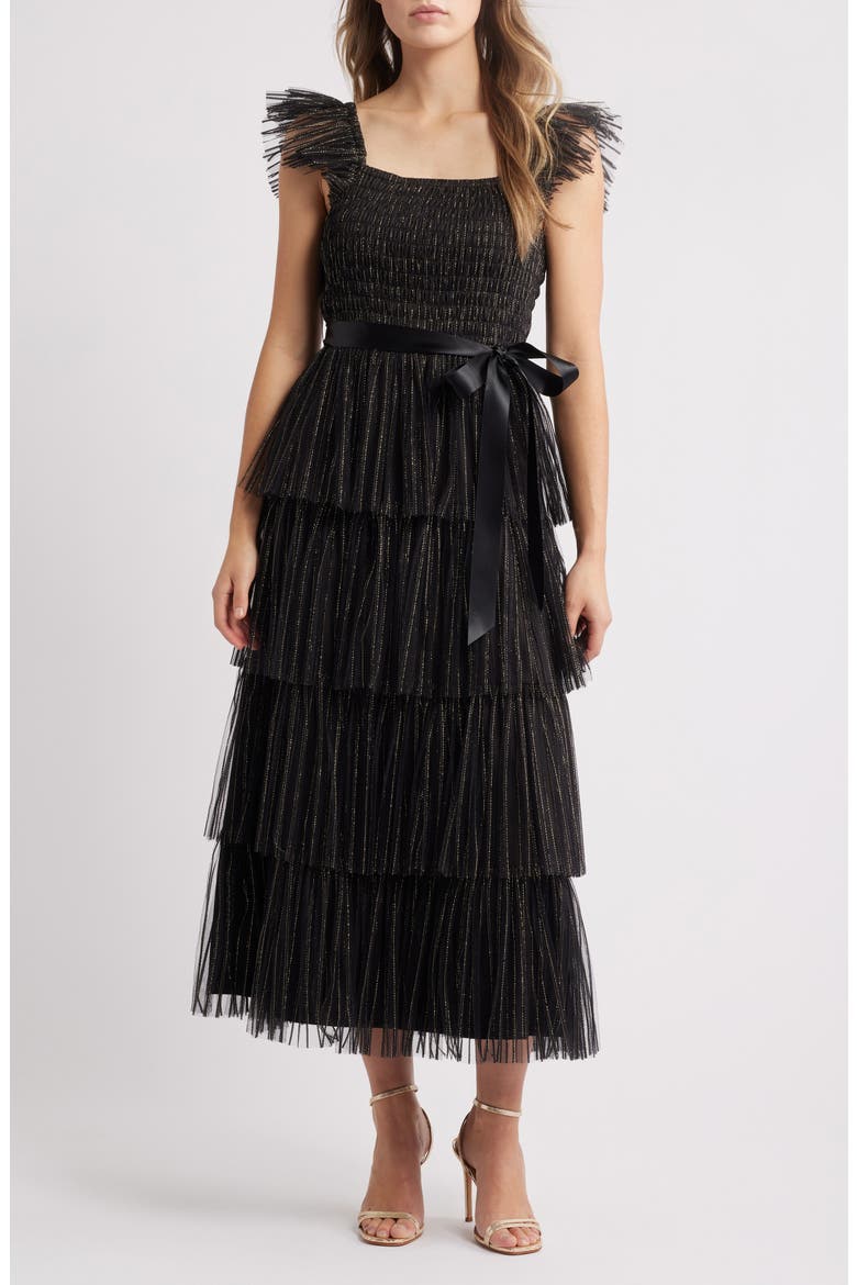 Pleated Tiered Metallic Dress, Main, color, BLACK GOLD