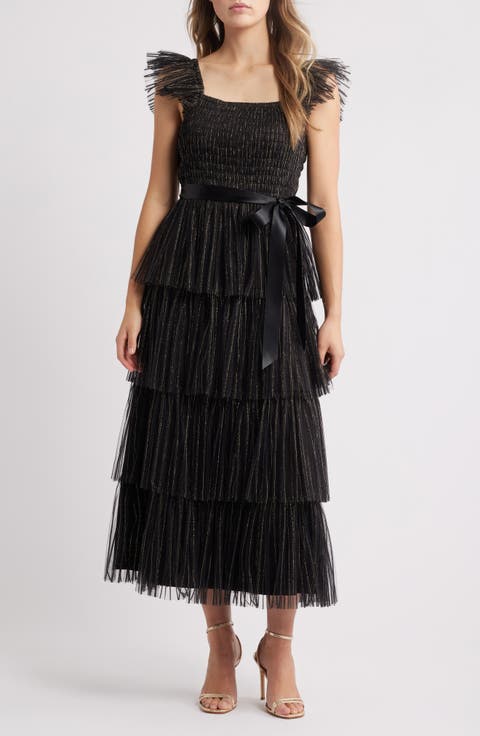 Pleated Tiered Metallic Dress
