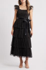 Tahari ASL Pleated Tiered Metallic Dress