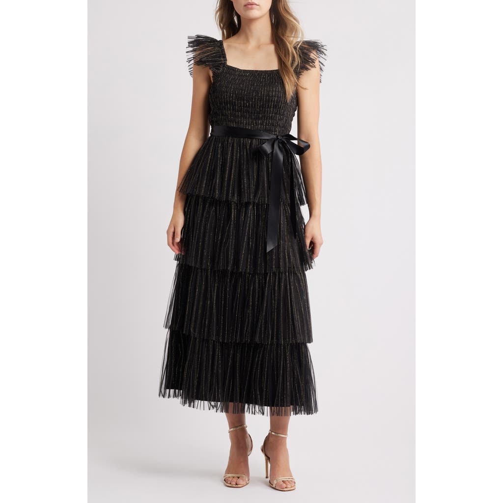 Tahari Asl Pleated Tiered Metallic Dress In Black Gold