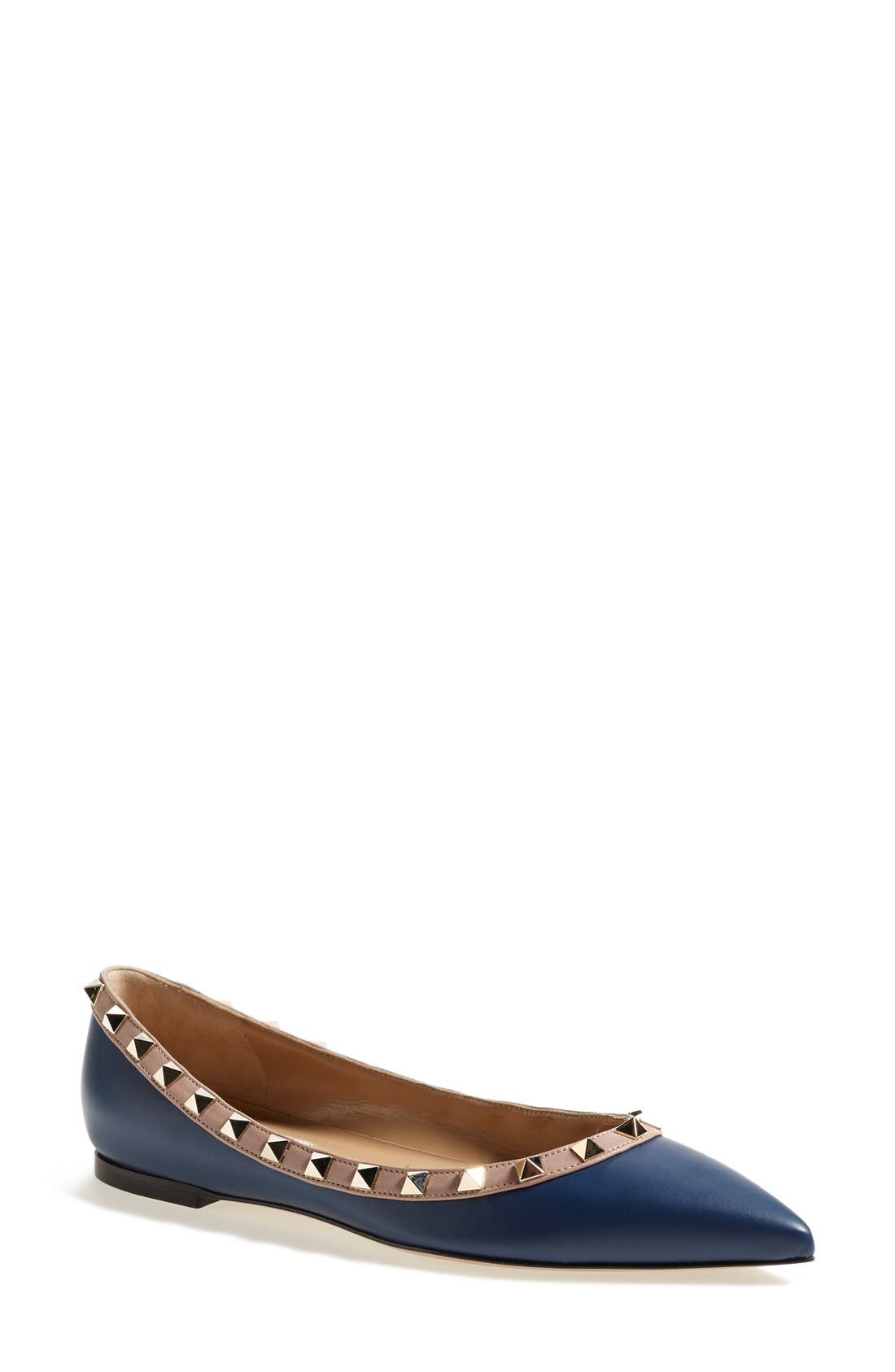 'Rockstud' Flat, Main, color, DARK BLUE LEATHER