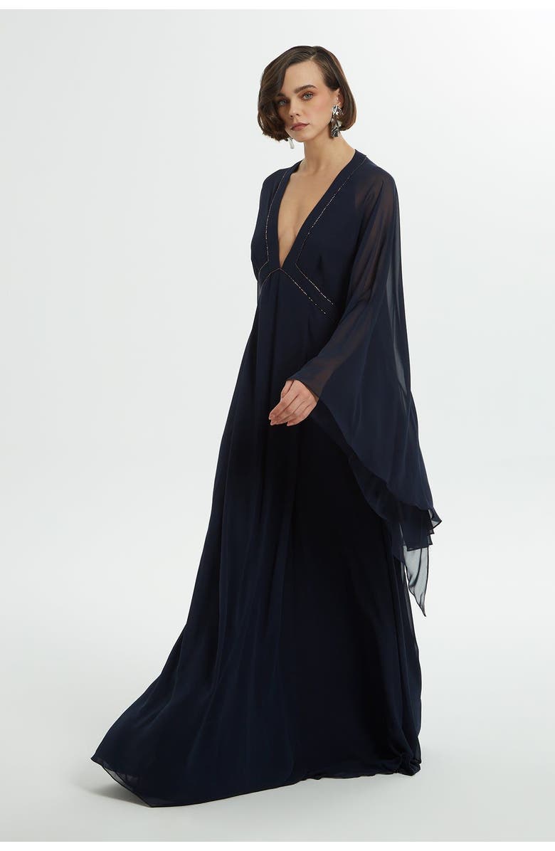 Gizia Bead Embroidered Ruffled Sleeve Lined Navy Chiffon Dress, Alternate, color, Navy