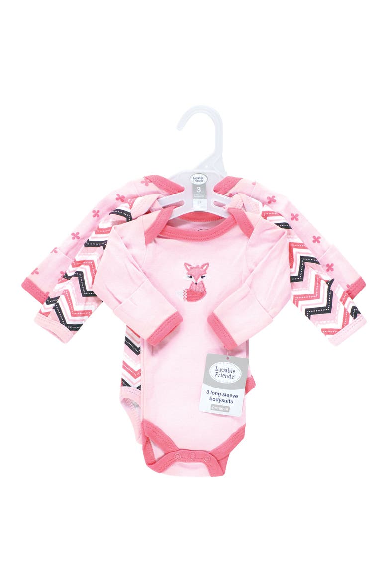 Preemie Long Sleeve Bodysuits 3pk Foxy, Alternate, color, Foxy