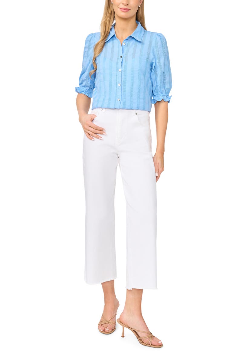 Sheer Stripe Puff Sleeve Button-Up Shirt, Alternate, color, FROZEN FJORD