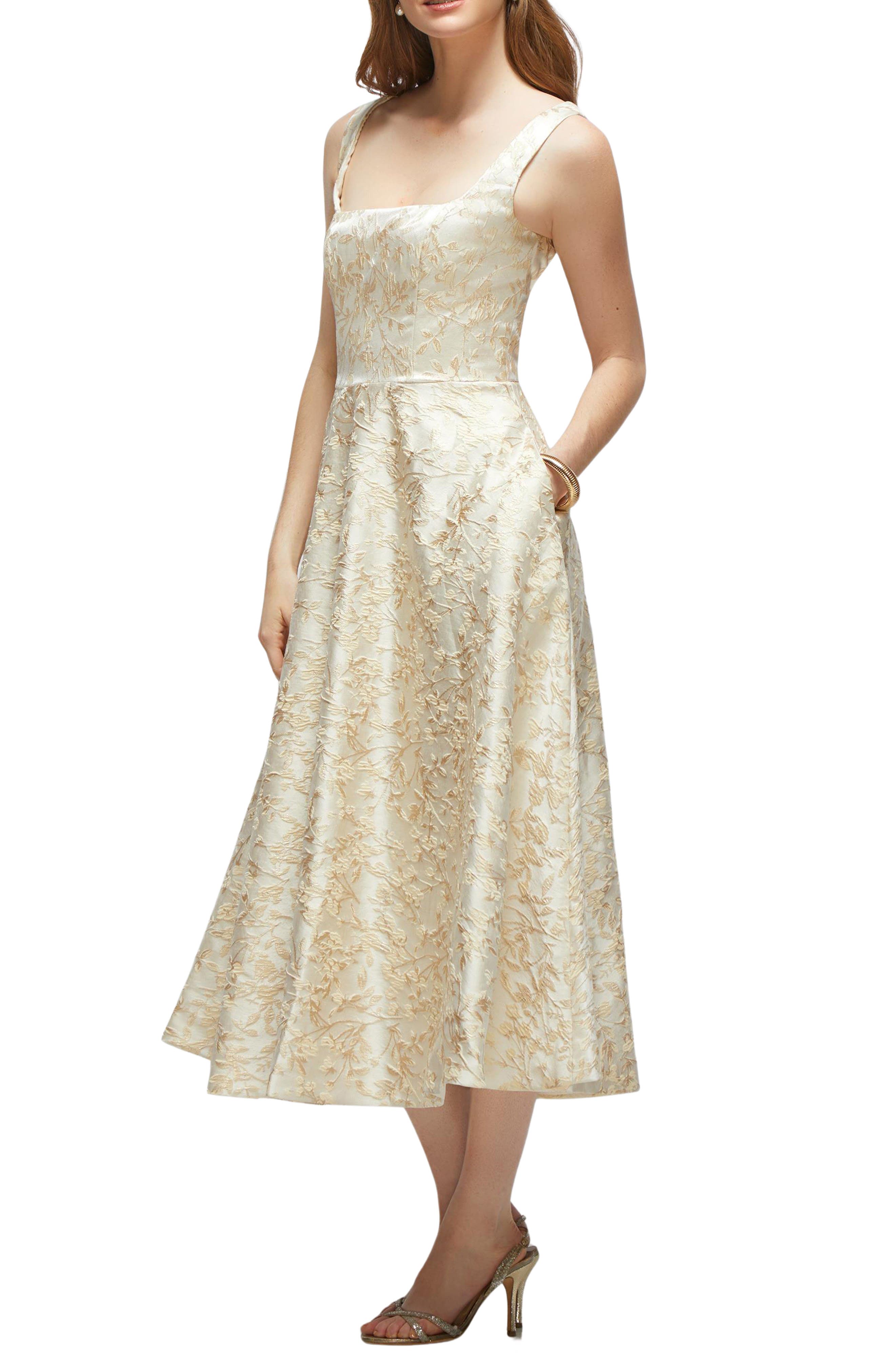 women's metallic brocade a-line dress Square Neck Champagne Floral Midi in Champagne Filigree (Print) Mermaid Wedding Dress holiday parties Color:Mustard Yellow Halogen® Tie Front A-Line