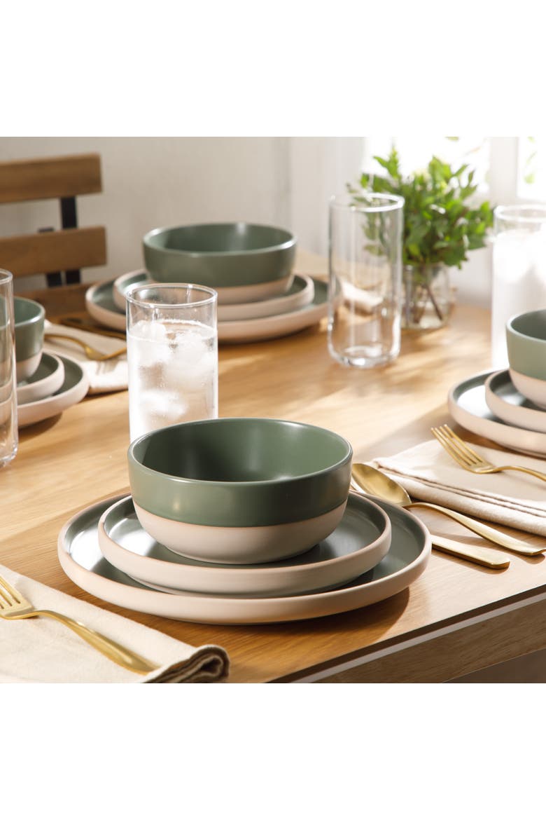 Plates and Bowls Set 12 Piece Stoneware Dinnerware Set with Raw Bottom Finish for 4, Alternate, color, Green