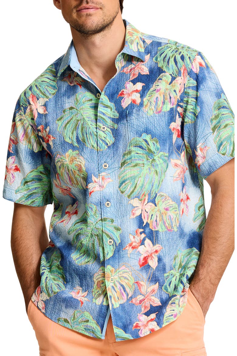 Nova Wave Mira Jungle Floral Short Sleeve Seersucker Button-Up Shirt, Main, color, BERING BLUE