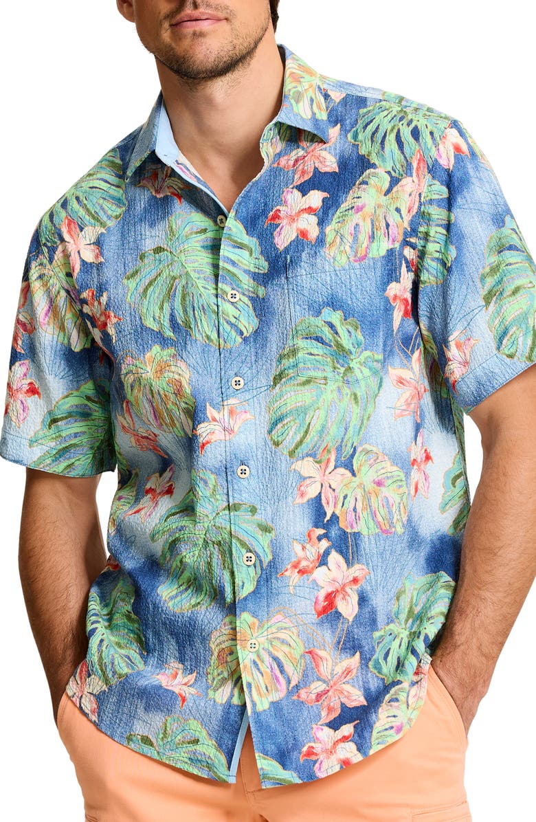 Tommy Bahama Nova Wave Mira Jungle Floral Short Sleeve Seersucker Button-Up Shirt, Main, color, Bering Blue