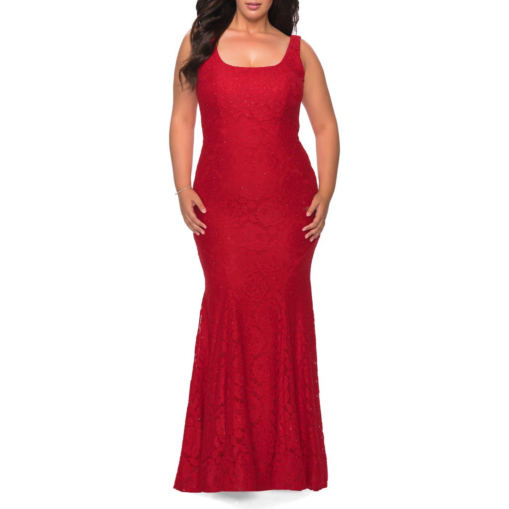 La Femme Stretch Lace Plus Size Gown With Beading In Red
