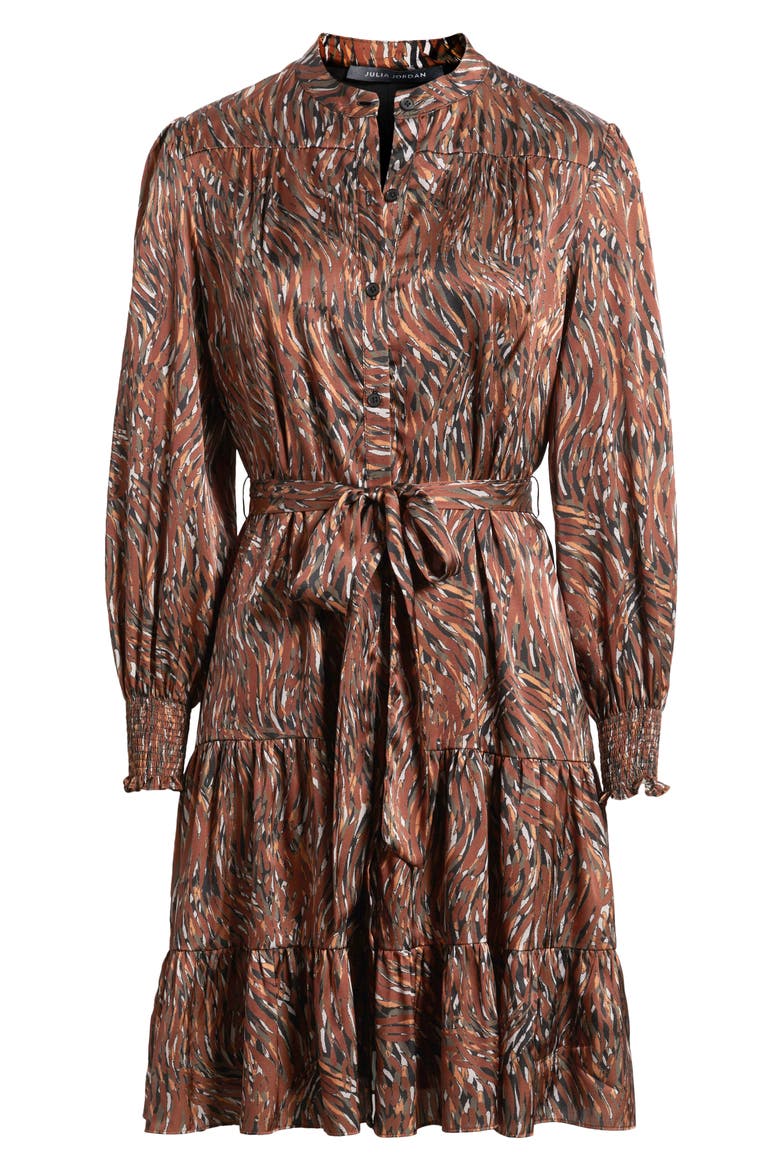 Tiered Long Sleeve Tie Waist Button Front Satin Dress, Alternate, color, BROWN MULTI