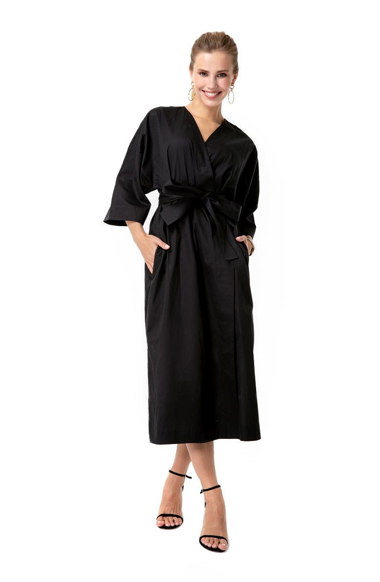 Accouchée Amaterasu Tie Belt Maternity/Nursing Wrap Midi Dress, Alternate, color, Black