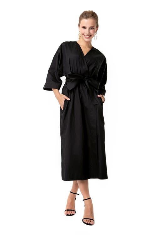 Accouchée Amaterasu Tie Belt Maternity/nursing Wrap Midi Dress In Black