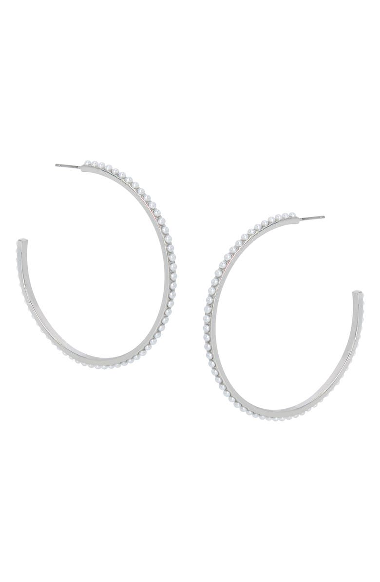 AllSaints Faux Pearl Hoop Earrings, Alternate, color, Rhodium