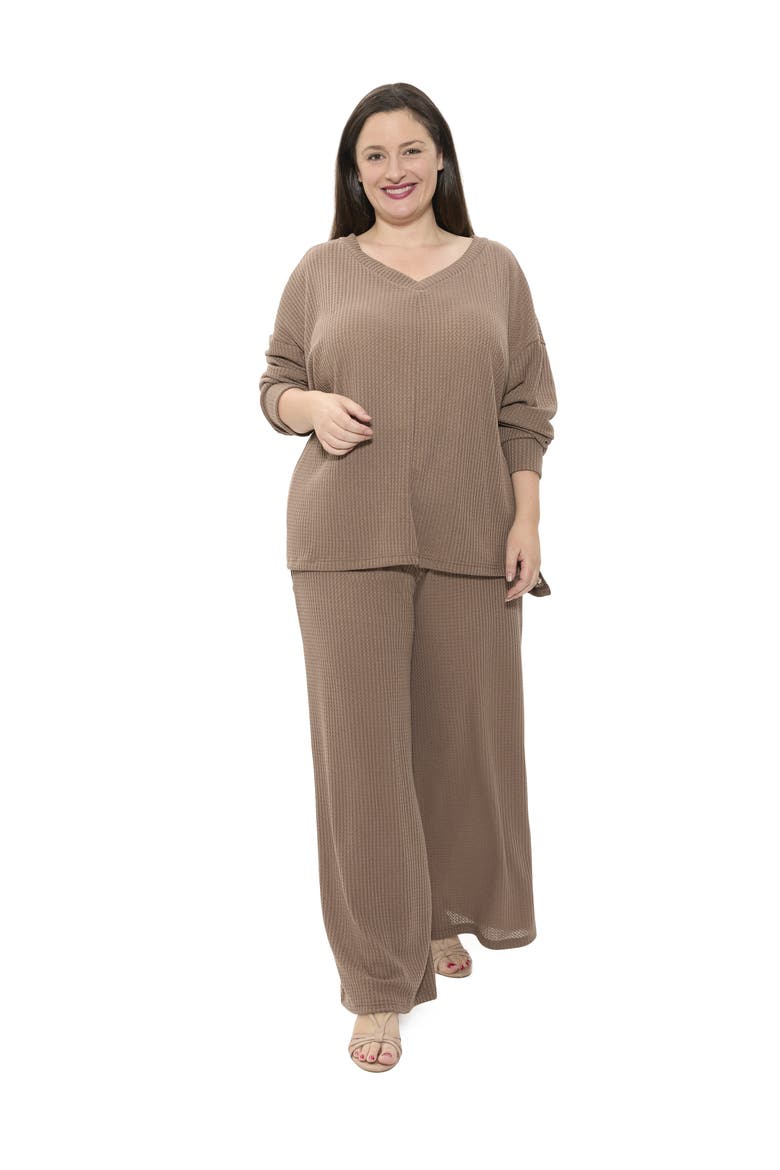 Plus Size V Neck Long Sleeve Soft Waffle Knit Top and Pant Set, Main, color, Taupe
