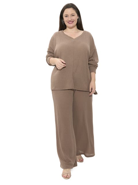 Plus Size V Neck Long Sleeve Soft Waffle Knit Top and Pant Set