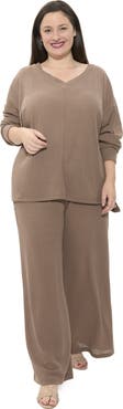 24seven Comfort Apparel Plus Size V Neck Long Sleeve Soft Waffle Knit Top and Pant Set
