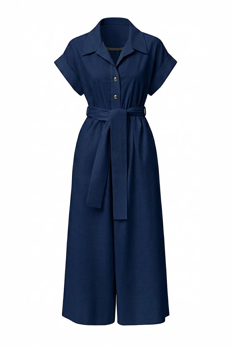 Leatrice Short Sleeve Belted Midi Jumpsuit, Alternate, color, Navy