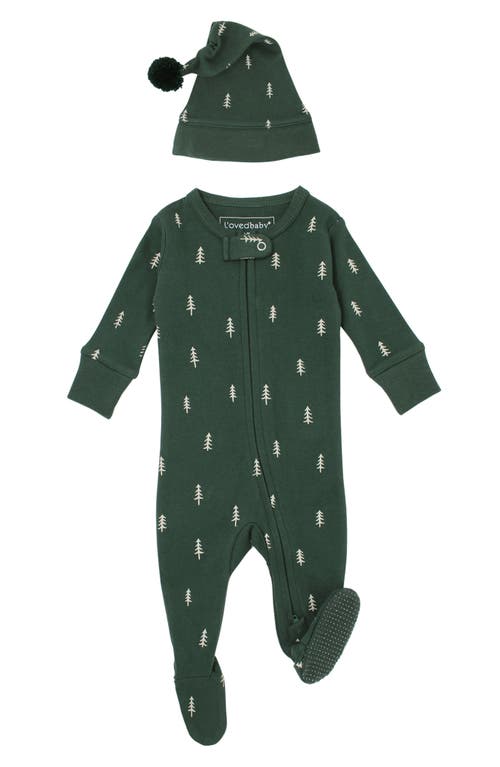 L'Ovedbaby Holiday Organic Cotton Pompom Cap & Zip Footie Set in Pine Trees 