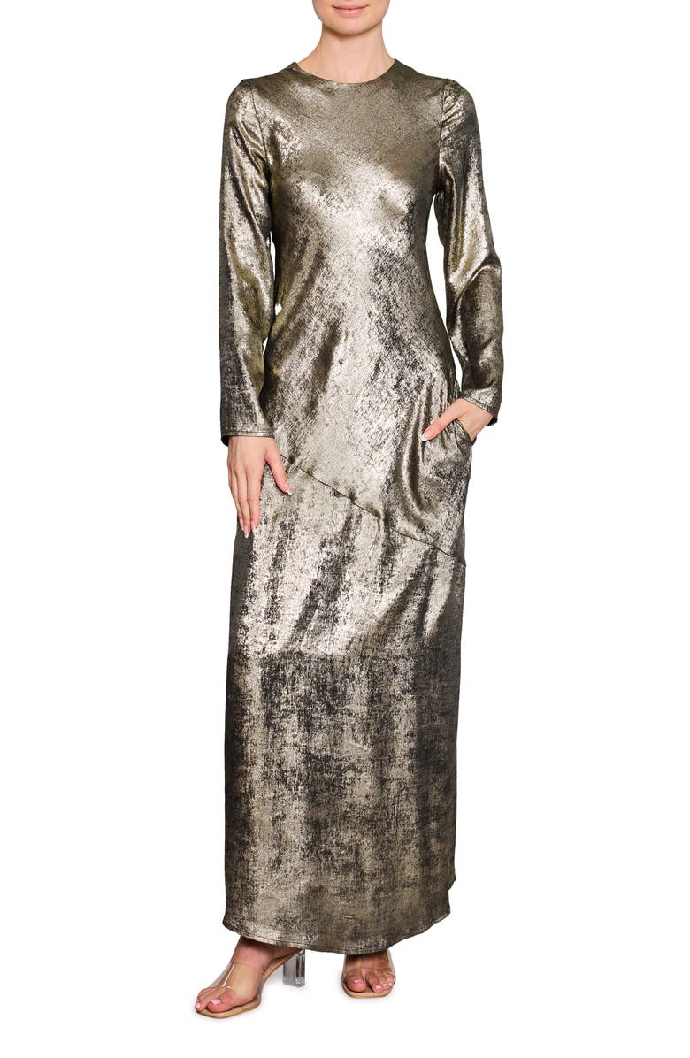 MELLODAY Metallic Long Sleeve Bias-Cut Maxi Dress, Main, color, 