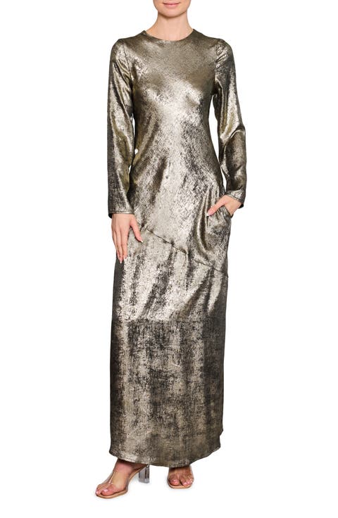 Metallic Long Sleeve Bias-Cut Maxi Dress