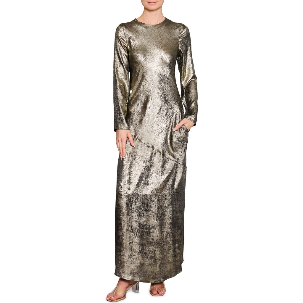 MELLODAY Metallic Long Sleeve Bias-Cut Maxi Dress in Gold/Black