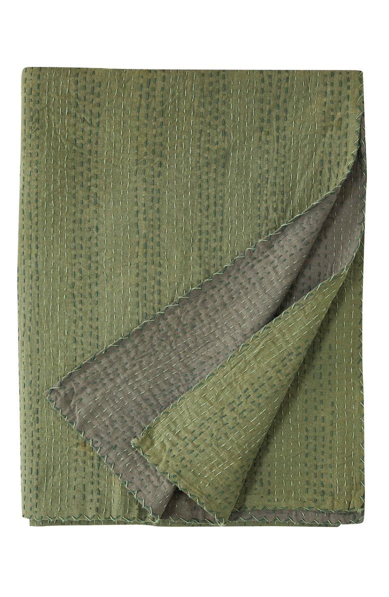 MELANGE HOME Kantha Reversible Cotton Coverlet, Main, color, Forest And Olive