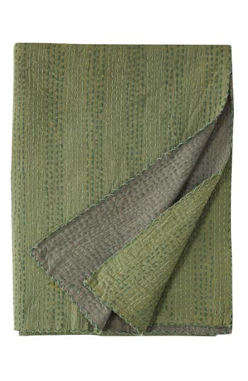 Melange Home Kantha Reversible Cotton Coverlet In Forest And Olive