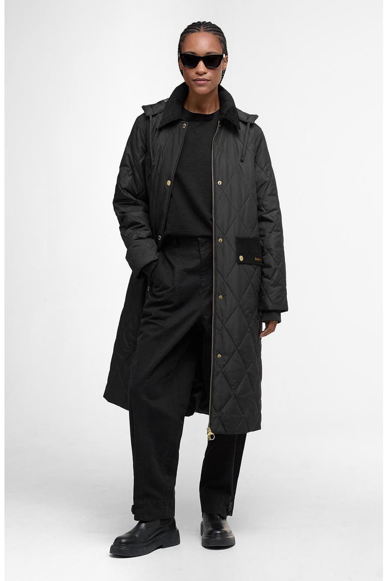Meredith Quilted Hooded Long Coat, Alternate, color, BLACK/ CLASSIC TARTAN