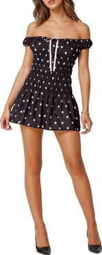 EDIKTED Niam Polka Dot Off the Shoulder Smocked Minidress