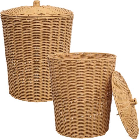 Ollie Resin 4.7-Gallon Tapered Round Wicker Watebasket with Lid (Set of 2)