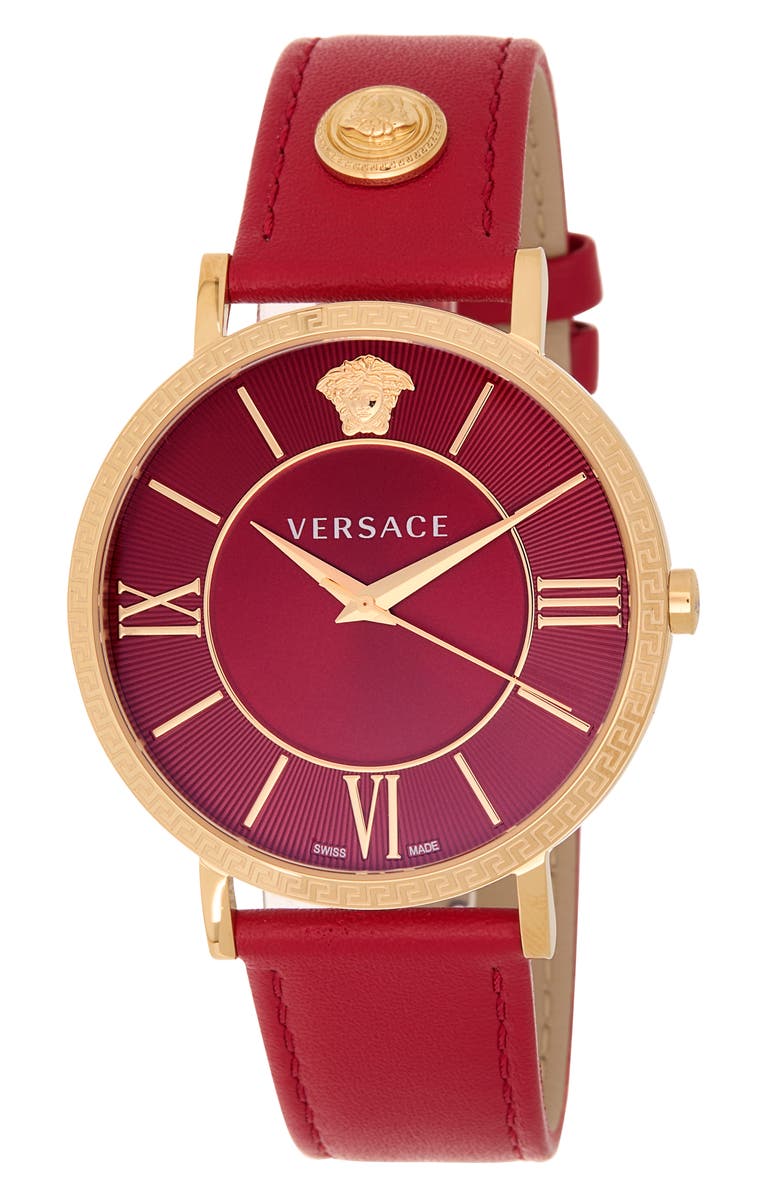 Versace V-Eternal Leather Strap Watch, 42mm, Main, color, Gold