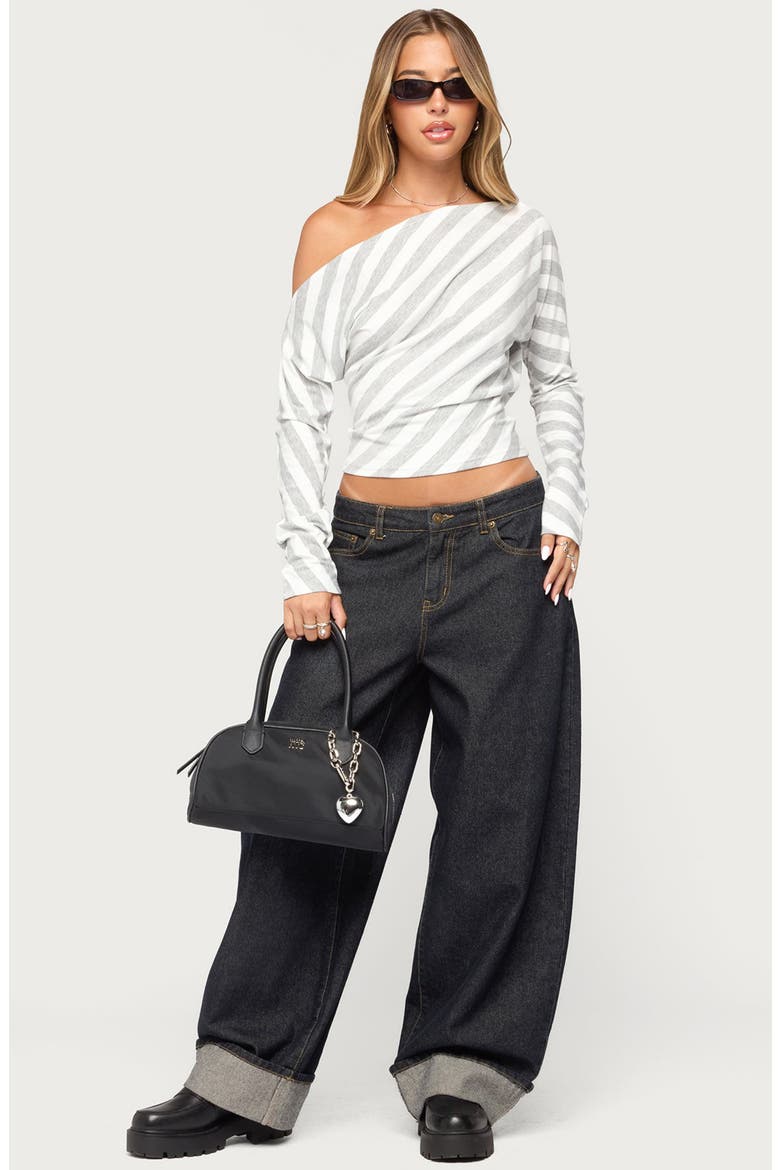 Gaira Striped Off the Shoulder Long Sleeve Top, Alternate, color, GRAY-MELANGE-AND-WHITE