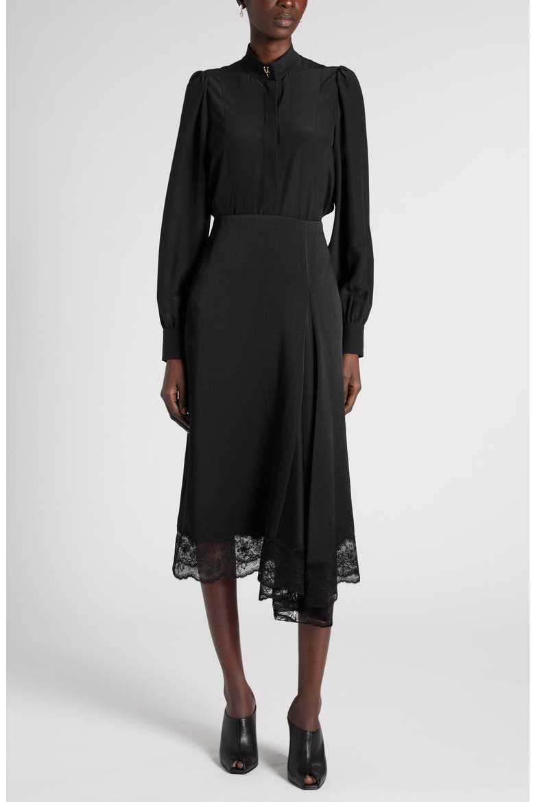 Band Collar Silk Button-Up Shirt, Alternate, color, BLACK