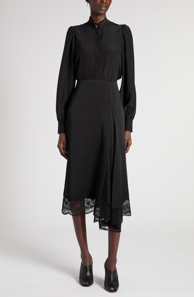 McQueen Lace Trim Asymmetric Silk Skirt, Alternate, color, Black