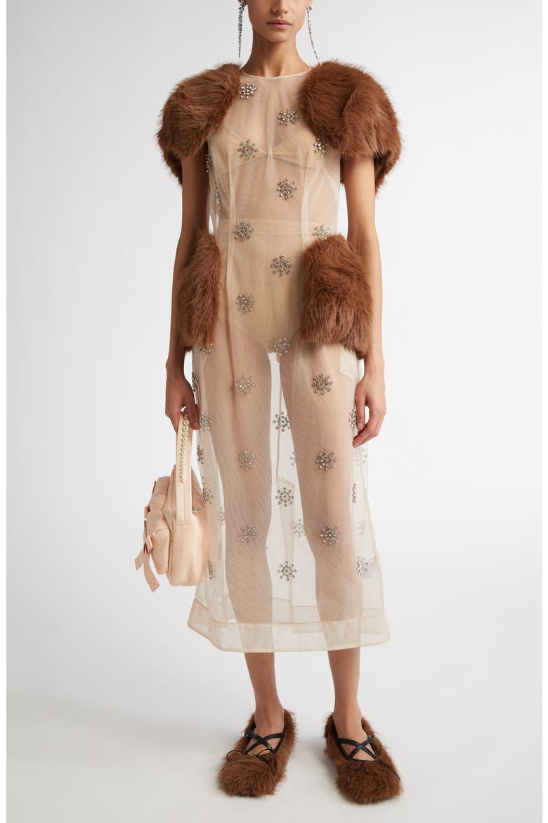 Embellished Faux Fur Panel Sheer Midi Dress, Main, color, SHEER IVORY/ DIAMANTE/ BROWN