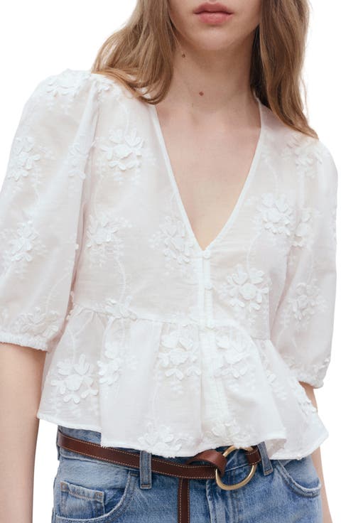Floral Embroidery Puff Sleeve Shirt