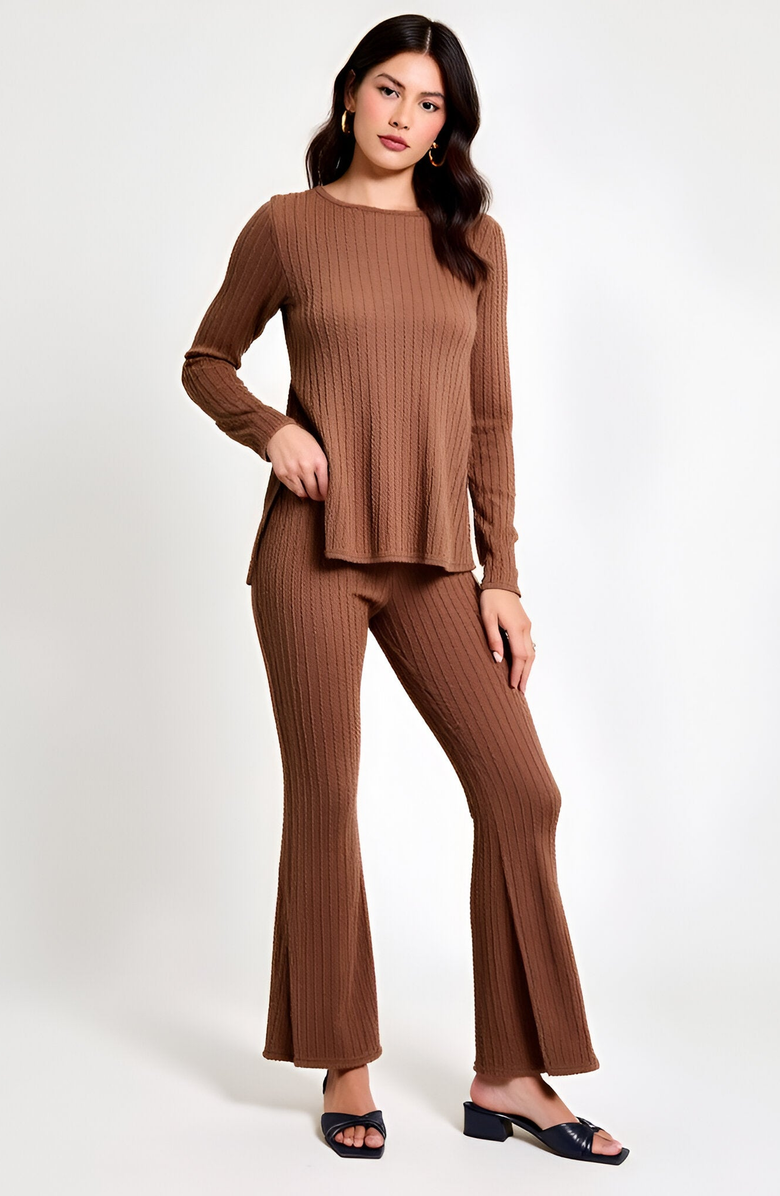 Modenaire Ribbed Knit Long Sleeve Top and Flared Pants Lounge Set with Side Slit Detail, Alternate, color, Brown