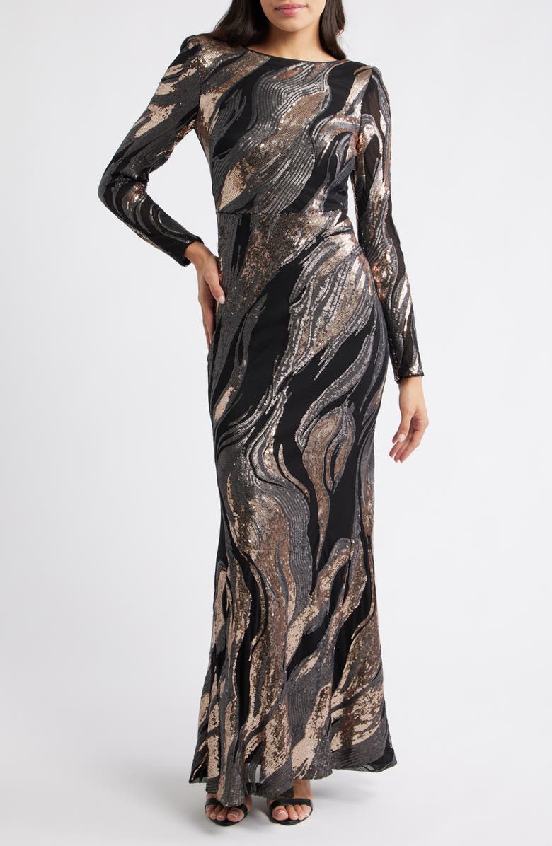 Vince Camuto Sequin Low Back Long Sleeve Gown, Main, color, Black Multi