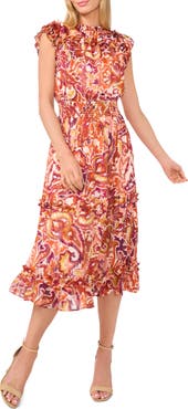 CeCe Flutter Sleeve Smocked Waist Midi Dress