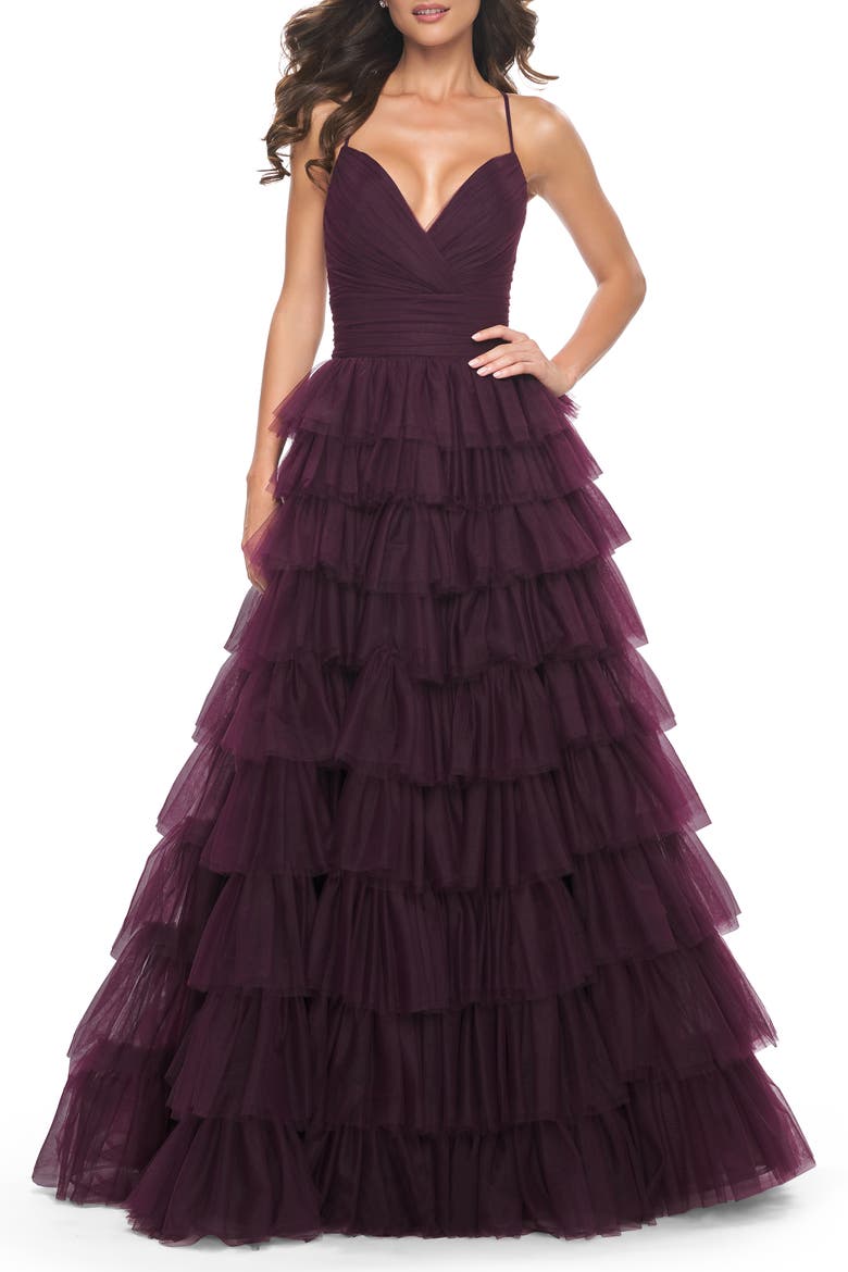 A-Line Ruffle Tulle Gown with High Slit and Lace Up Back, Main, color, Dark Berry