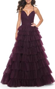 La Femme A-Line Ruffle Tulle Gown with High Slit and Lace Up Back