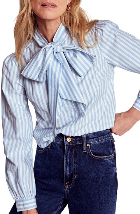 Stripe Tie Neck Cotton Button-Up Shirt