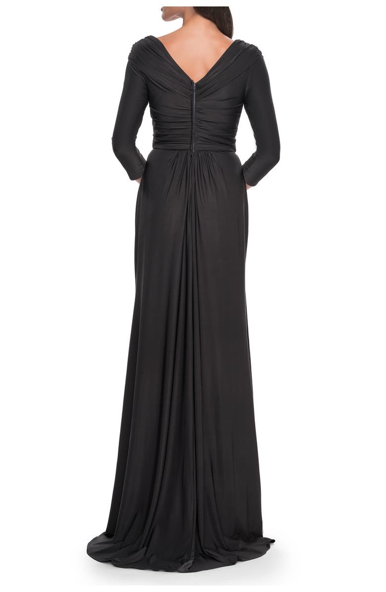 La Femme Ruched Long Dress with Ruffle Skirt Detail and Sleeves, Alternate, color, Gunmetal