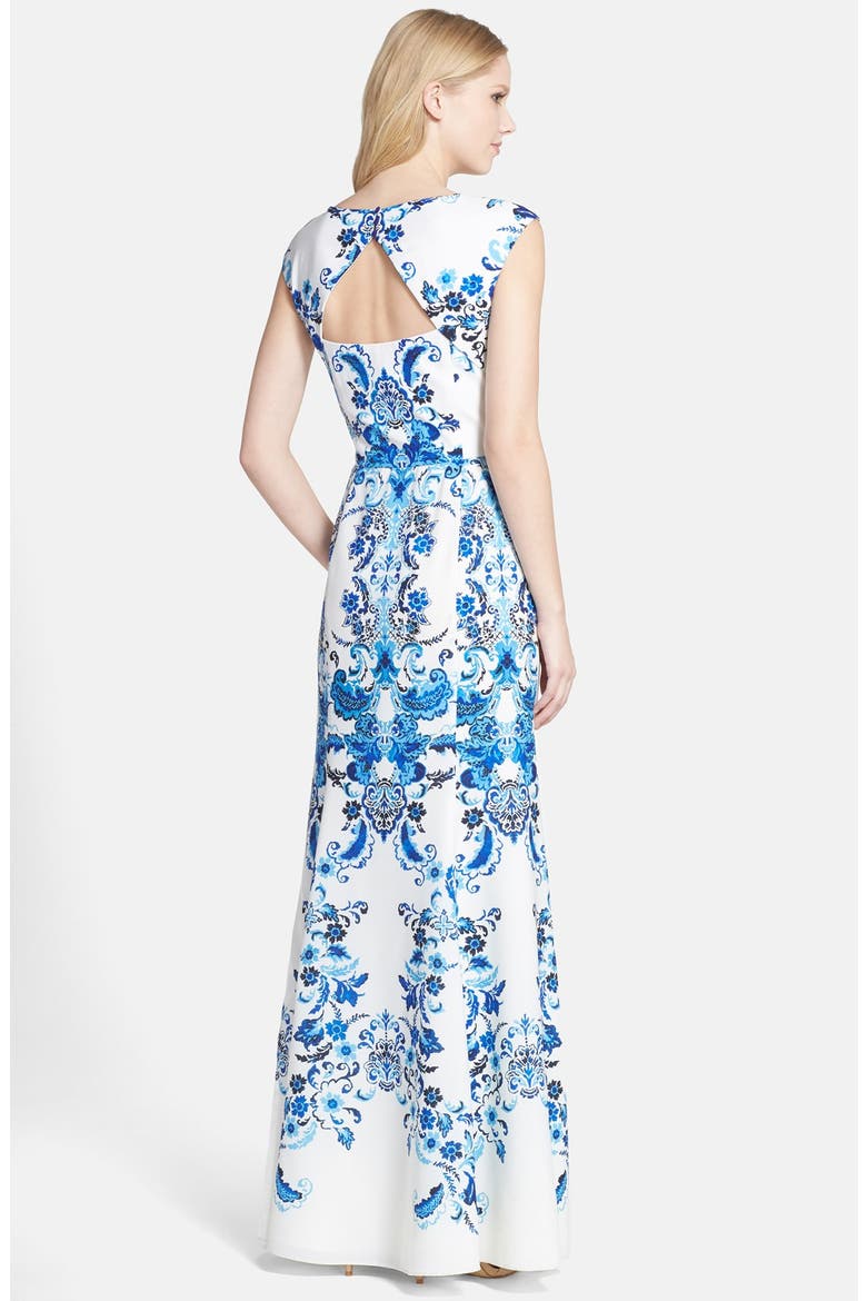 Print Crêpe de Chine Mermaid Gown, Alternate, color, WHITE/ BLUE