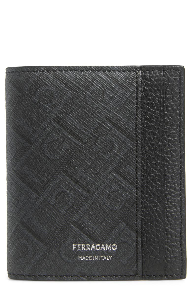 FERRAGAMO Gancio Monogram Vertical Leather Bifold Wallet, Main, color, Nero/ Grigio Flame Red