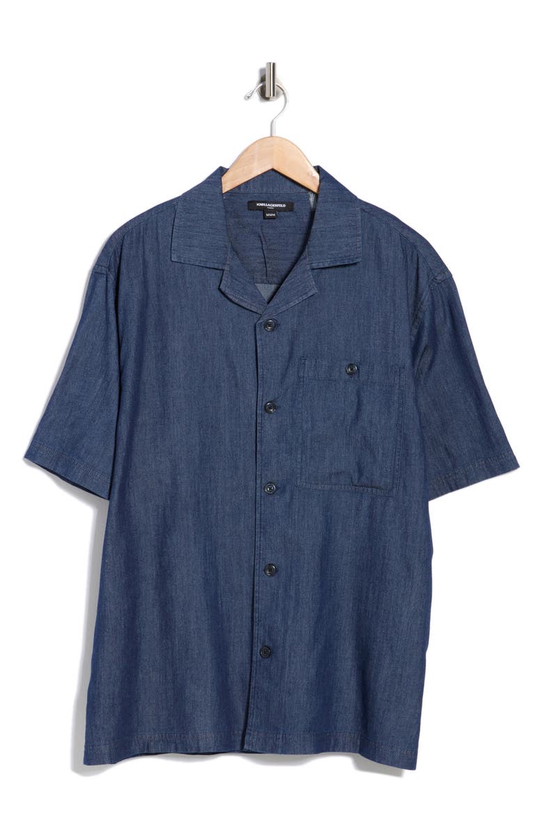 KARL LAGERFELD PARIS Chambray Camp Shirt, Alternate, color, Navy